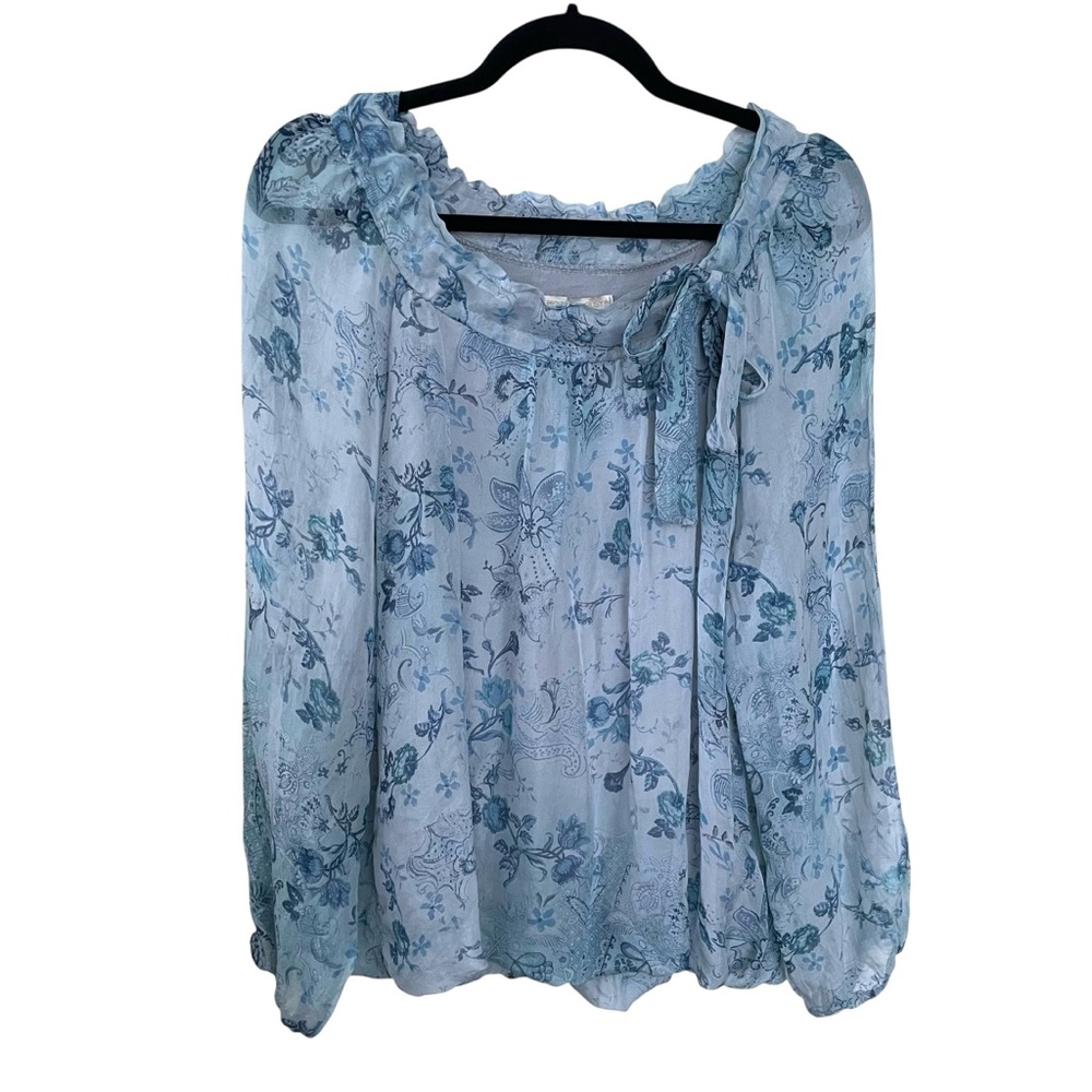 GIUSY Italy Silk Floral Print Popover Blouse Blue S
